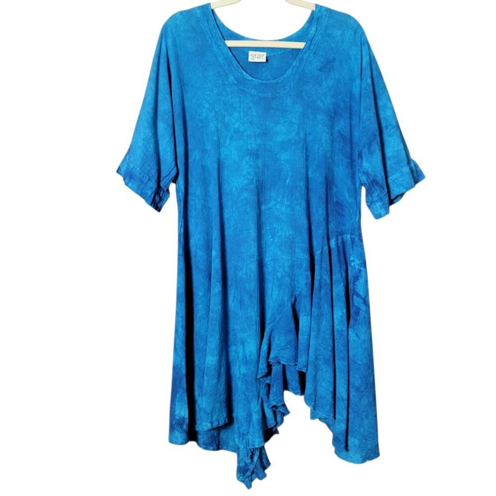 Oh My Gauze Womens Blue Cotton Boho Lagenlook Beachy Fairy Asymmetrical Dress 1